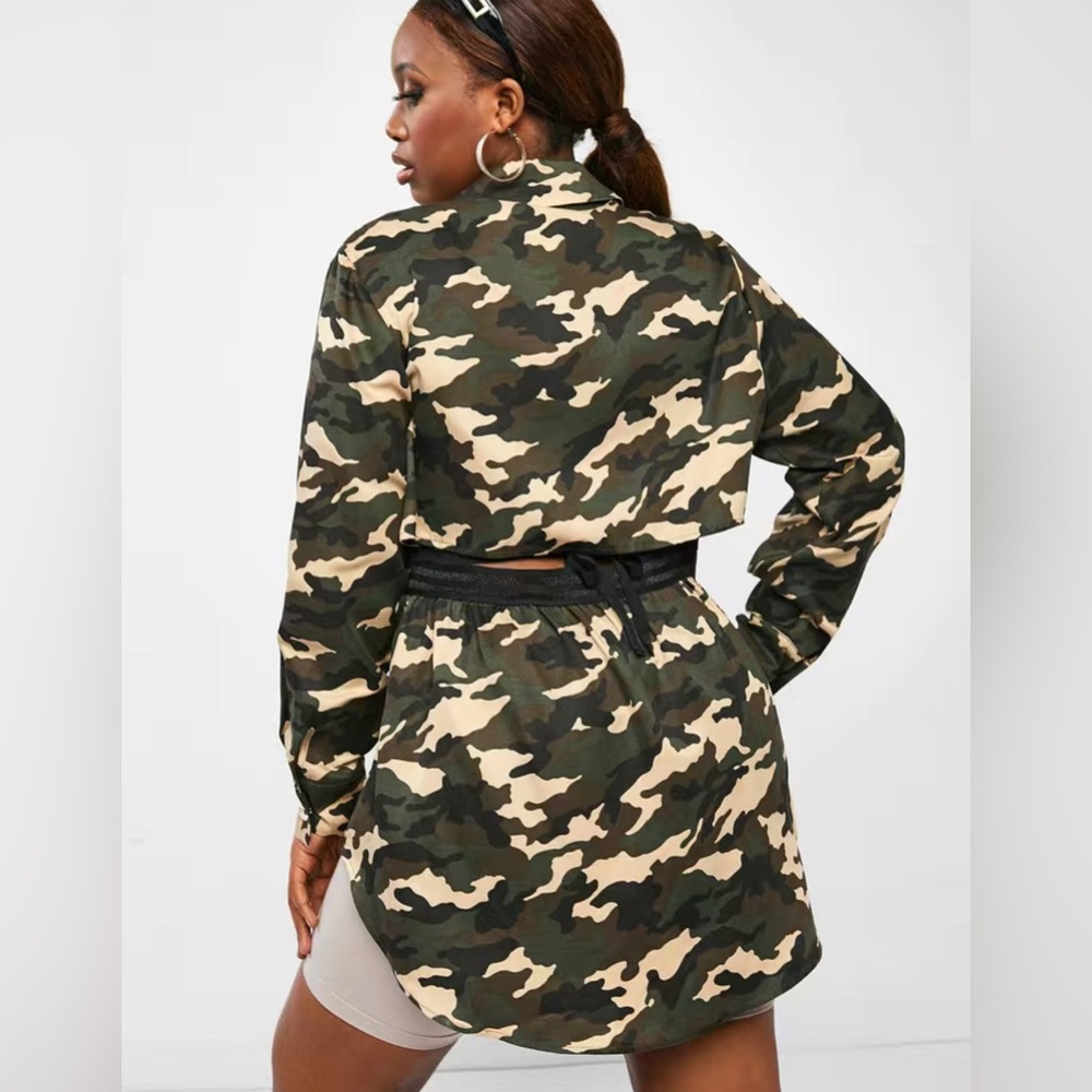 Plus Size Camo Print Button Front High Low Coat Outerwear - Picture 3 of 9
